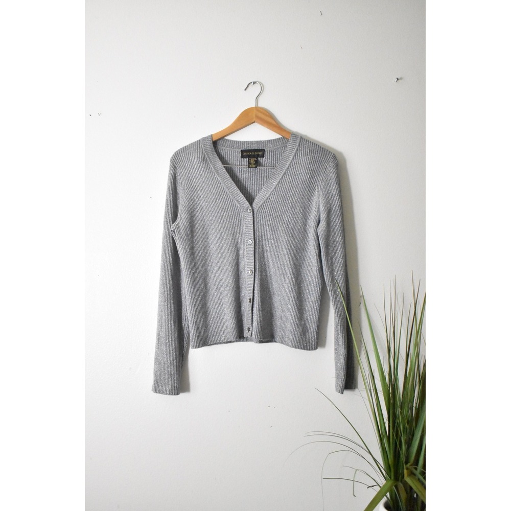 Classiques Entier Cardigan Sweater Women L Silver Y2K Metallic Ribbed V-Neck - Picture 6 of 9